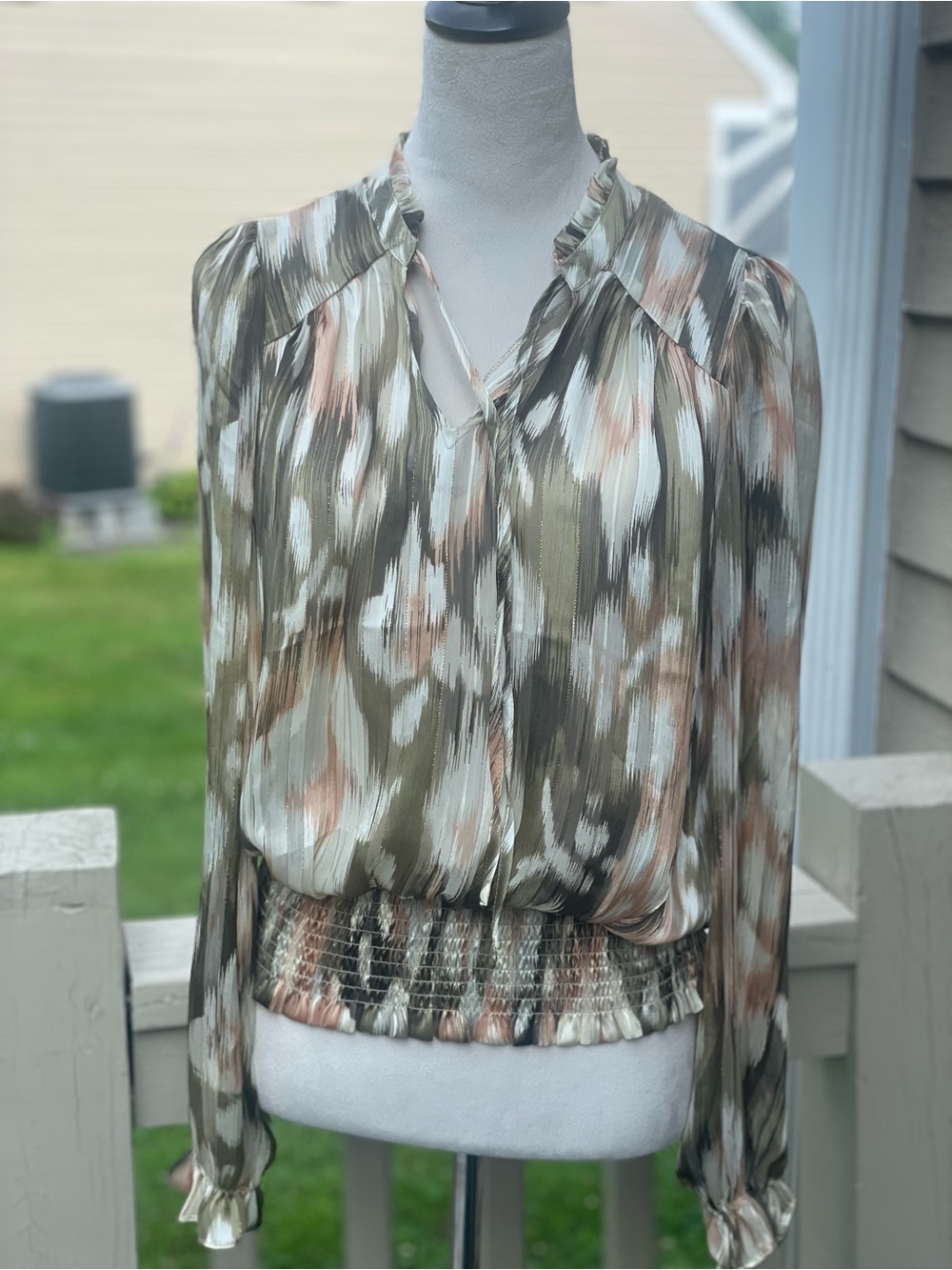Rachel Zoe Olive Multi-Print Long Sleeve Blouson Top